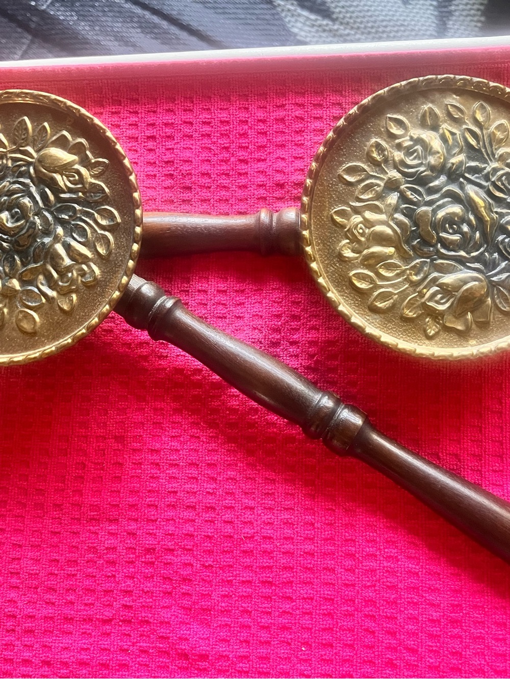 Set Of Brass And Wood  Wall Hanging Bed Warmers